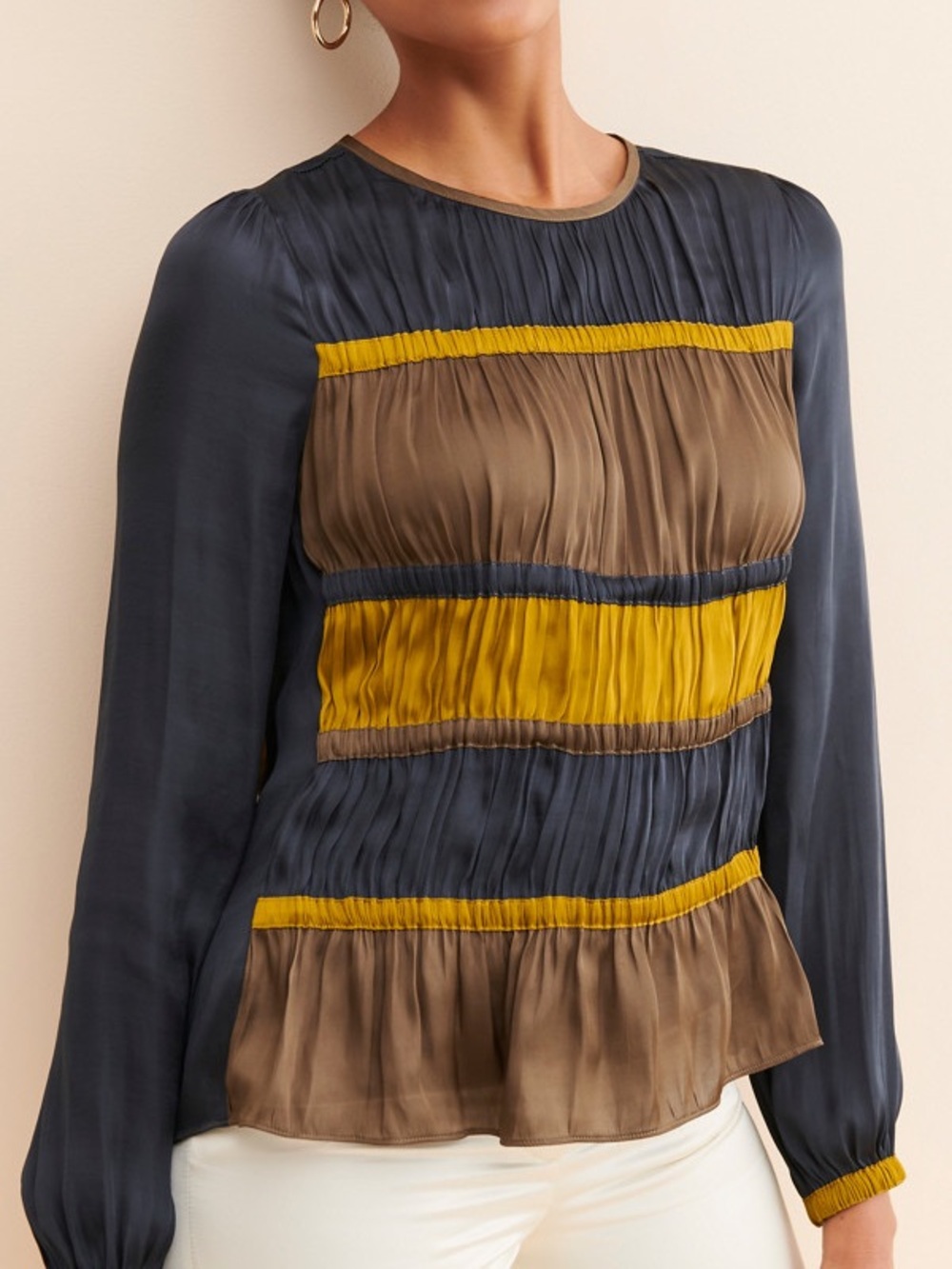 Current/Aire Pleated Colorblock Blouse in Navy, Mustard & Taupe